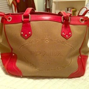 Authentic Prada Brown Tote Purse, brown w/ red